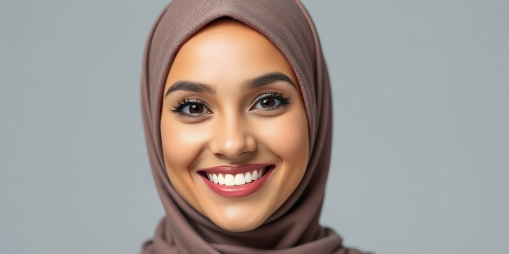 Generate a high-resolution digital portrait of a smiling woman wearing a hijab, in a minimalist style with a soft grey background, using a DSLR camera set to 50mm lens, f/1.8 aperture, ISO 200, studio lighting for even illumination, focusing on vivid colors and clear facial features.
