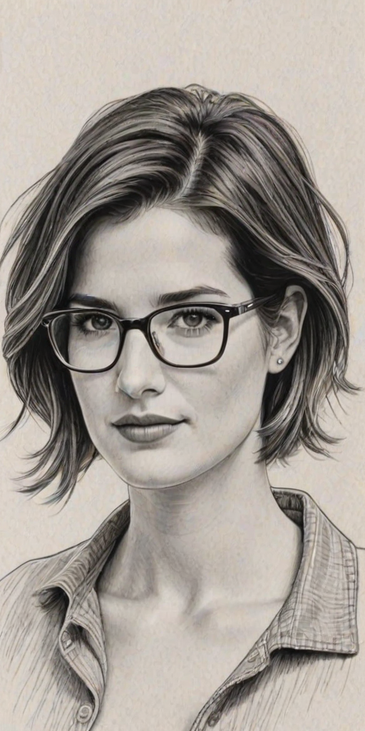 Attractive Cobie Smulders, pencil sketch, portrait of Enticing woman 1961s in glasses, hair style beatnik, outline, clear lines, fine lines, 8k
