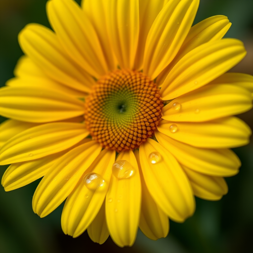 close-up shot of a vibrant yellow daisy with water droplets on the petals, shallow depth of field, f/2.8 aperture, 1/1000 sec shutter speed, ISO 200, macro lens, soft natural lighting, DSLR camera