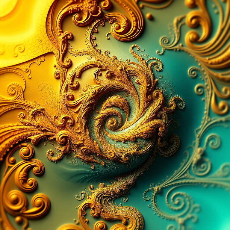 Generate a high-resolution abstract fractal image with swirling patterns in gold and teal, using a DSLR camera with a 50mm lens, aperture set at f/8, ISO 100, and a soft focus style to enhance depth and detail.