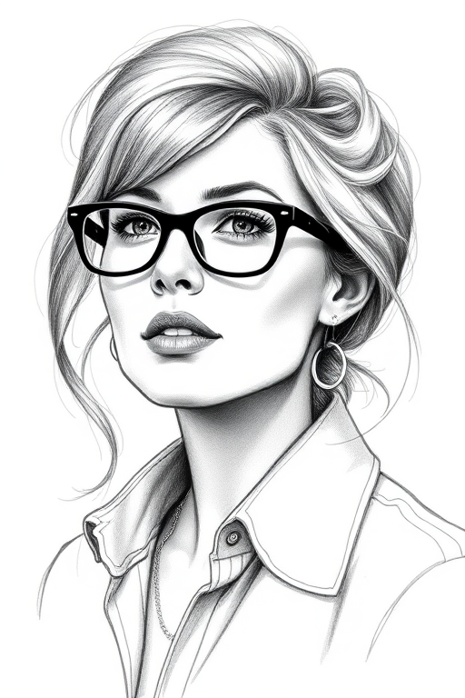 Beautiful Rosamund Pike, pencil sketch, portrait of beautiful woman 60s in glasses, hair style beatnik, outline, clear lines, fine lines, 8k