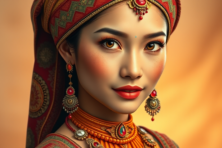 Create a portrait of a beautiful Thai woman with striking orange eyes and a gentle expression. She is adorned in traditional attire with intricate patterns, including a richly embroidered headscarf and matching garments. Her jewelry includes a delicate headpiece, dangling earrings, and ornate bracelets, all featuring vibrant gemstones and detailed metalwork. The background is soft and warm, enhancing the rich colors of her outfit and jewelry.