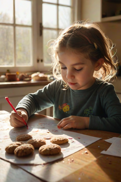 Warm, intimate image of a child drawing at a kitchen table, crayons scattered across the surface, sunlight streaming through the window, the smell of freshly baked cookies in the air, and a sense of creativity and play.