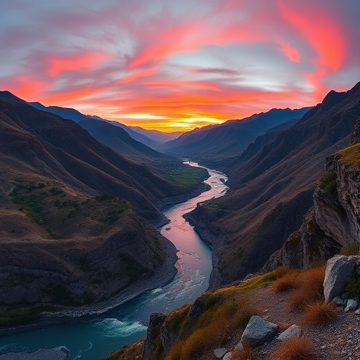 Create a high-resolution image of a scenic landscape during sunset featuring mountains and a river with vibrant colors, captured with a Canon EOS R5, 24mm lens, aperture f/8, ISO 100, shutter speed 1/250s, using a panoramic view to enhance depth and clarity.