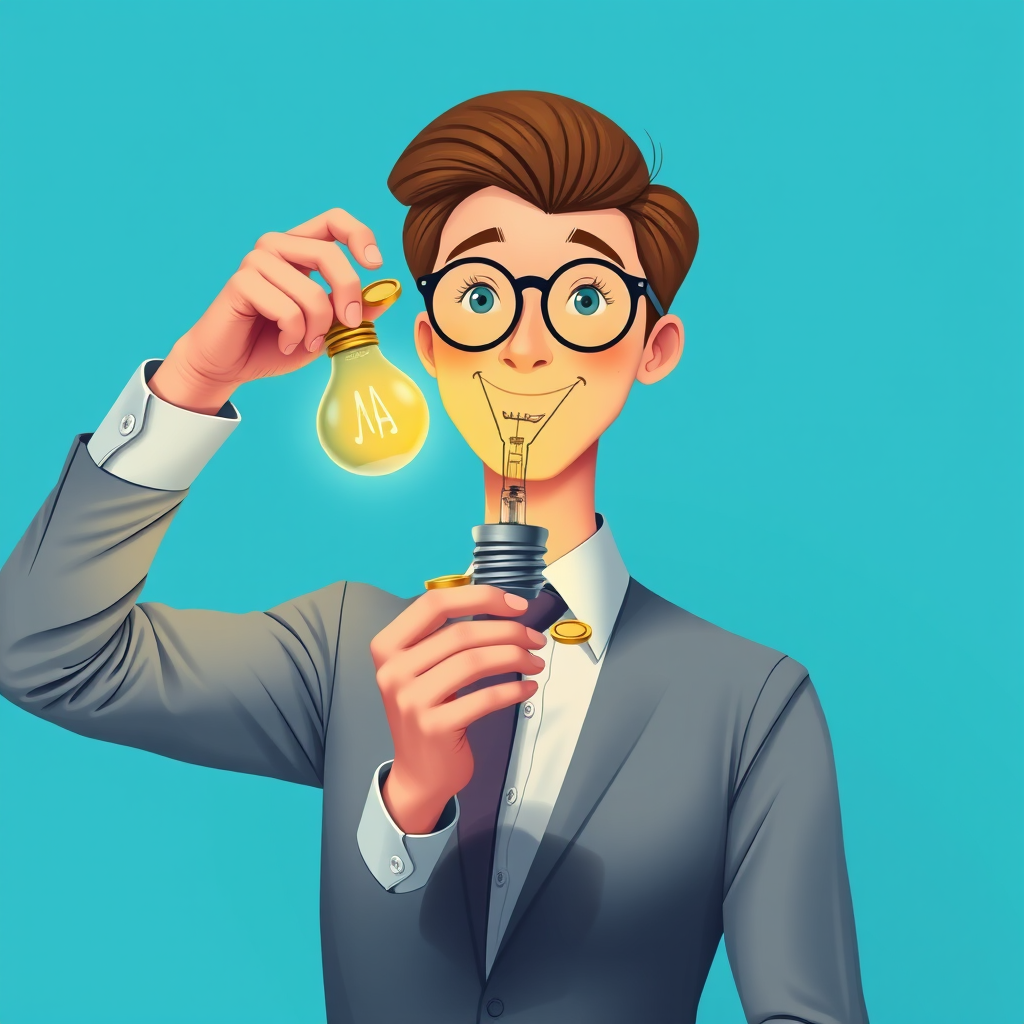 Create an illustration of a professional person holding a light bulb and coins, set against a blue background, using a Canon EOS R5 camera with a 50mm lens, aperture f/1.8, ISO 100, and in soft focus for enhanced clarity and vibrancy.