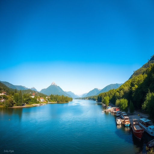capture a serene landscape of a river with boats docked on the shore surrounded by lush greenery and mountains under a clear blue sky, using a DSLR camera, aperture f/8, ISO 100, shutter speed 1/200 sec, wide-angle lens, daylight settings