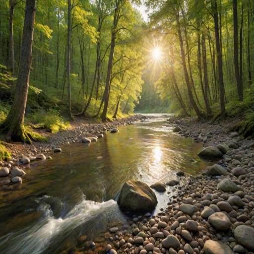 Create an image of a serene, sunlit forest scene with a clear, gently flowing river. Tall trees with lush green foliage line both sides of the river, their leaves bathed in the warm golden light of the setting or rising sun. The sunlight filters through the trees, casting soft, dappled light on the river, which flows over smooth rocks and pebbles, creating a peaceful, natural atmosphere. The sky is bright with a few scattered clouds, and the overall mood is tranquil, evoking a deep sense of connection with nature. The image captures the beauty of a calm, pristine forest landscape at either dawn or dusk.