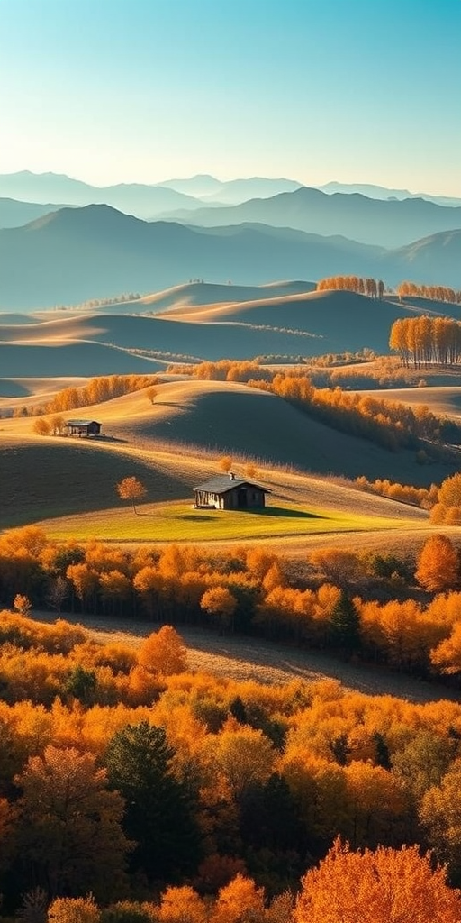 Regenerate a vibrant landscape of rolling hills in autumn with a solitary cabin, featuring golden and green foliage, soft morning light illuminating the scene, mountains in the background, captured using a DSLR camera at f/8 aperture, ISO 100, 50mm lens, shot from a high vantage point for an expansive view.