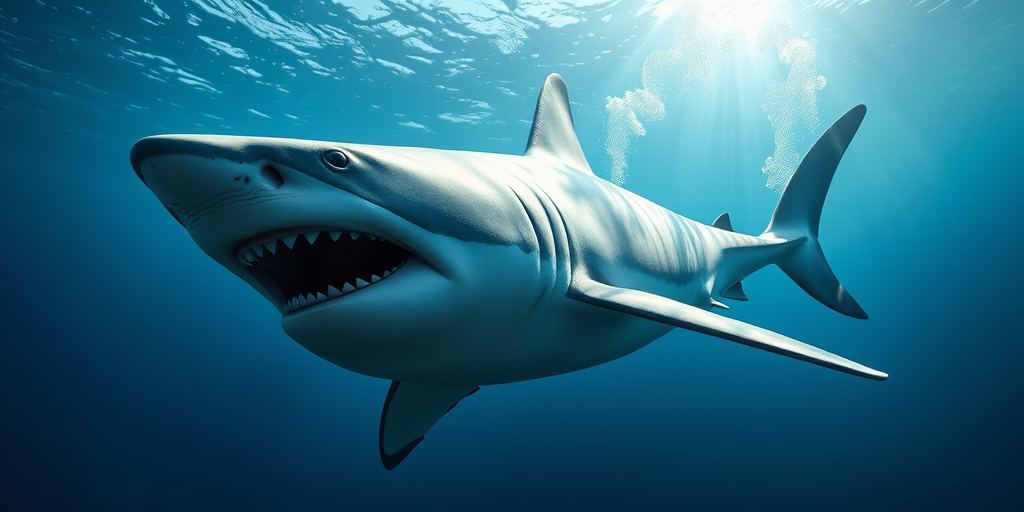 Create a highly detailed 3D render of a great white shark swimming underwater, with a focus on realistic textures and lighting, using a Canon EOS R5 camera, 24mm lens, f/8 aperture, ISO 100, at a wide-angle view for enhanced depth perception.
