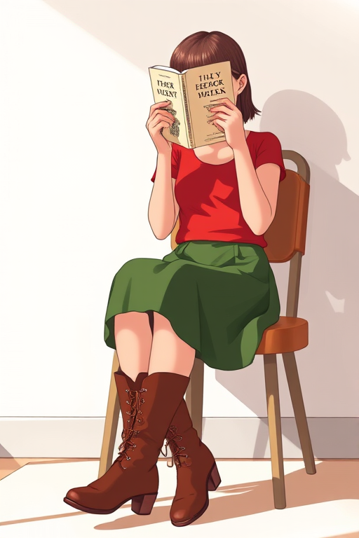 Generate an illustration of a person sitting on a chair, holding a book in front of their face, wearing a red top, green skirt, and brown boots, captured from a low angle with a shallow depth of field, using a DSLR camera at f/2.8, 50mm lens, natural light.