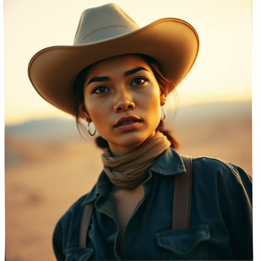 Dramatic photo of a beautiful Malay woman, classic cowboy attire, confident and free spirit expression, half-length portrait, centered, golden hour desert landscape, warm, diffused light, low angle, medium format film camera, in style of Annie Leibovitz.