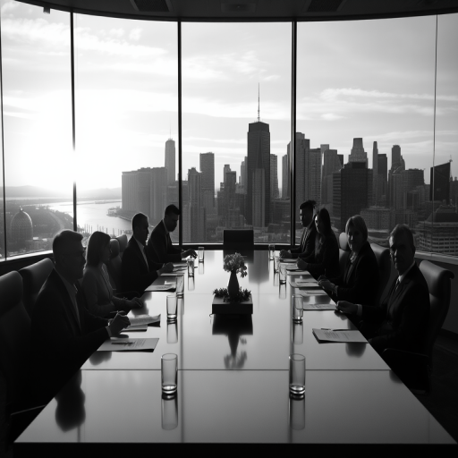 create a high-quality black and white image of a boardroom meeting with a city skyline in the background during sunset, using a Canon EOS R5 camera, f/2.8 aperture, ISO 100, focal length 35mm, wide-angle perspective, and soft focus effect to enhance depth and contrast