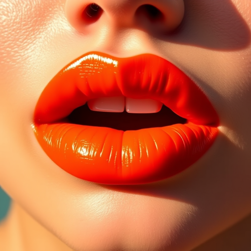 Exotic "Sunset Orange" lips radiating warmth with a vibrant, satin-finish tangerine hue, perfectly blended for a sun-kissed glow