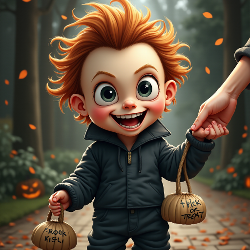 A whimsical caricature of a child version of Michael Myers, grinning mischievously. He is held by the hand of an unrecognizable person (only their hand visible), while holding a bag labeled 'Trick or Treat.' His facial expression is playful yet slightly menacing, reflecting his iconic figure. The scene is in portrait format with a Halloween theme, featuring exaggerated cartoon details like big eyes, a small body, and a creepy yet light-hearted tone.