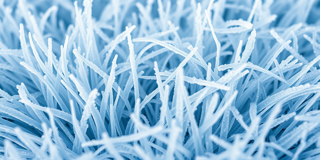 create an abstract image of overlapping icy blue and white textures resembling frozen grass, shot with a Canon EOS R, 50mm f/1.8 lens, aperture f/4, ISO 200, in soft natural light, focusing on intricate details and a slight blur for depth.