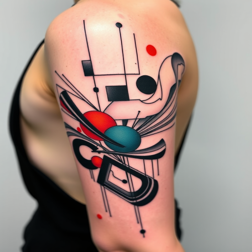 Avant-garde abstract tattoo with bold geometric shapes and fluid organic forms, rendered in a striking monochromatic palette with pops of vibrant color for a contemporary artistic statement