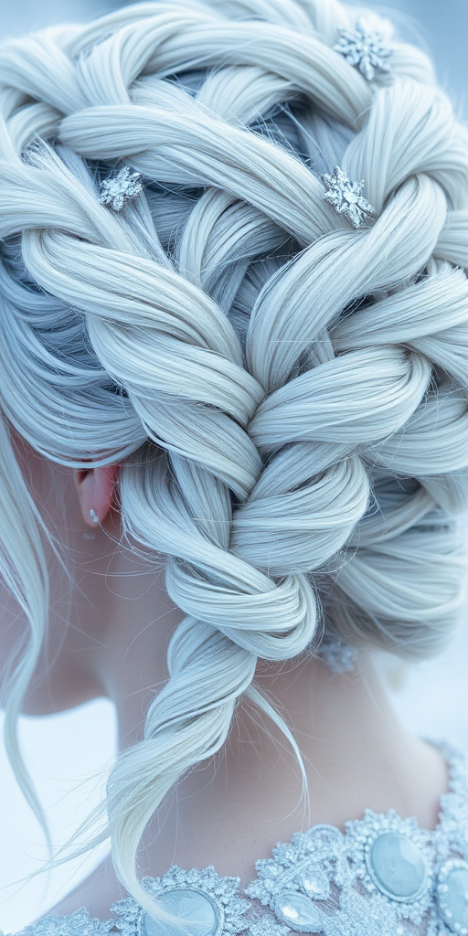Mesmerizing close-up reveals Frost Queen platinum blonde hair, icy white strands with subtle blue undertones, styled in an intricate braided updo adorned with crystal accessories