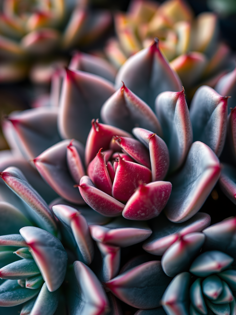 close-up of succulent plants with intricate details and contrasting colors, using a DSLR camera with a 50mm lens, aperture f/2.8, ISO 100, shallow depth of field, natural lighting, macro photography style
