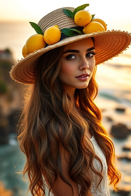 Regenerate a portrait of a woman with long wavy hair, wearing a wide-brimmed straw hat adorned with lemons, standing against a vibrant coastal background with a rocky landscape and waves, using a Canon EOS R5 camera with a 50mm f/1.2 lens, shot in natural light at golden hour for enhanced warmth and detail.