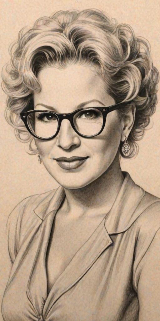 Attractive Bette Midler, pencil sketch, portrait of Radiant woman 1933s in glasses, hair style beatnik, outline, clear lines, fine lines, 8k
