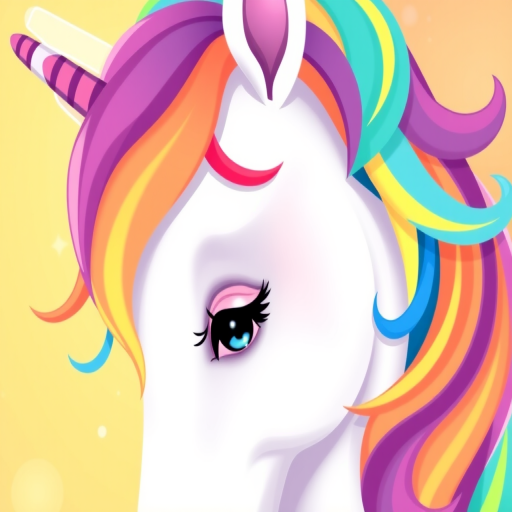 Create a vibrant and colorful illustration of a unicorn with a flowing rainbow mane and a serene expression, using a high-resolution digital camera with a 50mm lens, f/1.8 aperture, ISO 100, natural lighting, and a close-up view.