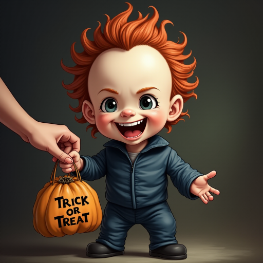 A whimsical caricature of a child version of Michael Myers, grinning mischievously. He is held by the hand of an unrecognizable person (only their hand visible), while holding a bag labeled "Trick or Treat" His facial expression is playful yet slightly menacing, reflecting his iconic figure. The scene is in portrait format with a Halloween theme, featuring exaggerated cartoon details like big eyes, a small body, and a creepy yet light-hearted tone.