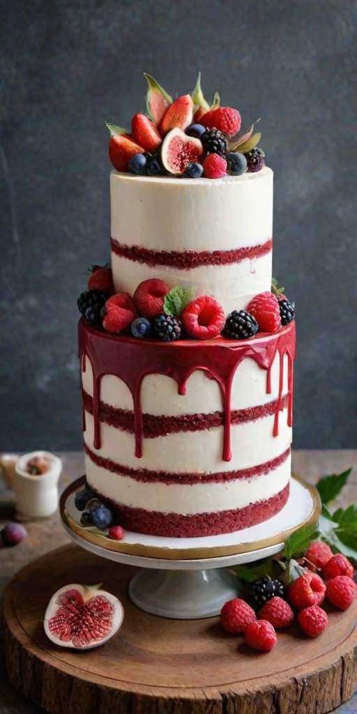 Create a beautiful cake design featuring layers of red velvet and a smooth white frosting. Adorn the top with an assortment of fresh berries, including raspberries and figs, along with decorative edible flowers and greenery. The cake should have a visually striking finish with a textured red pattern around the base.