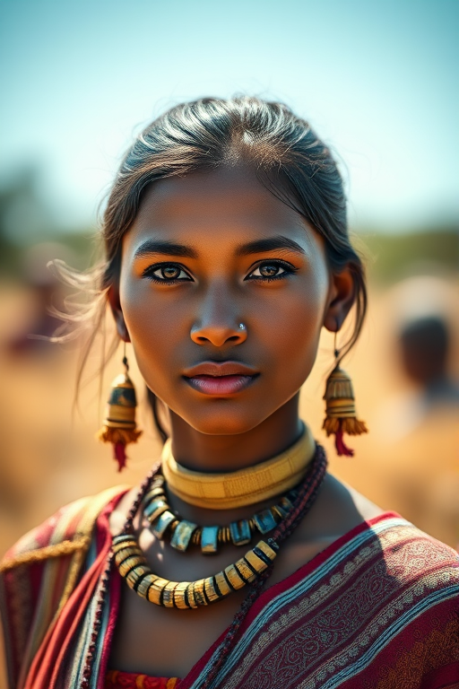 Portrait of a young woman in traditional attire with tribal accessories, taken in a sunlit field, shallow depth of field, Canon EOS R5, 50mm f/1.2 lens, ISO 100, aperture f/2.8, natural light.