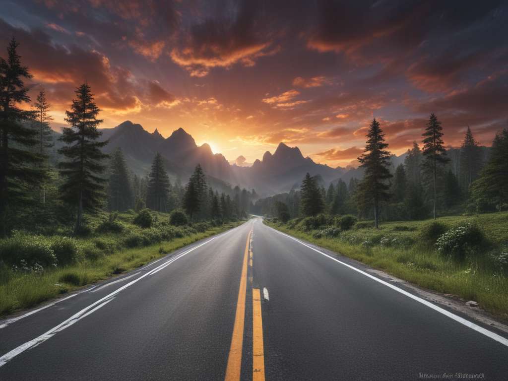 Majestic Sunset Over a Serene Mountain Road Surrounded by Nature's Beauty