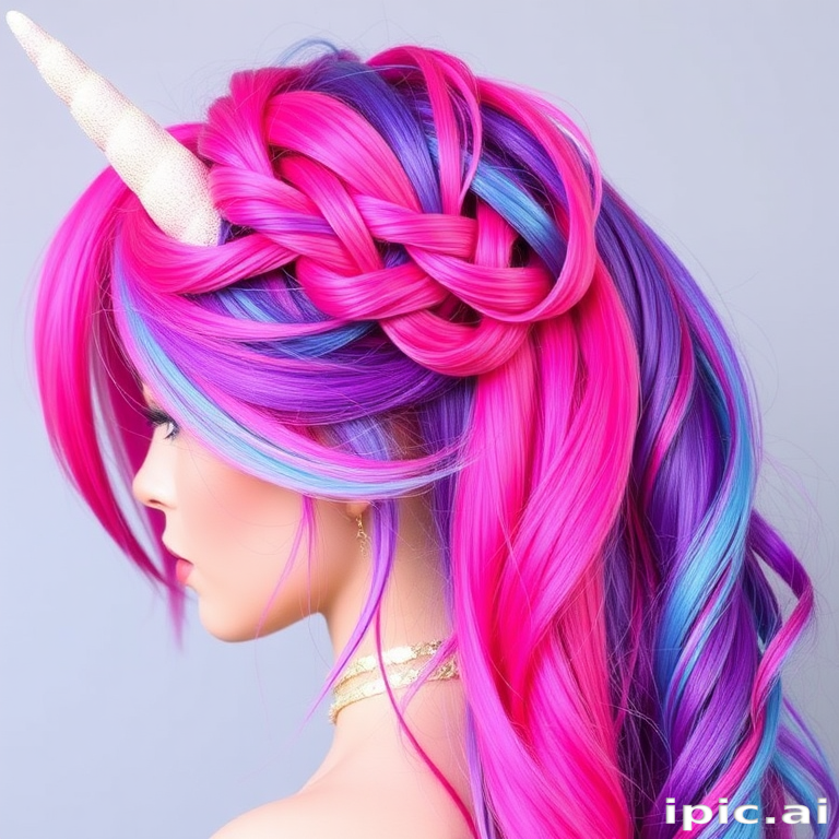 Multicolored unicorn hair featuring vibrant streaks of pink, purple, and teal, styled in a braided crown, the Rainbow Dream style showcases whimsical creativity