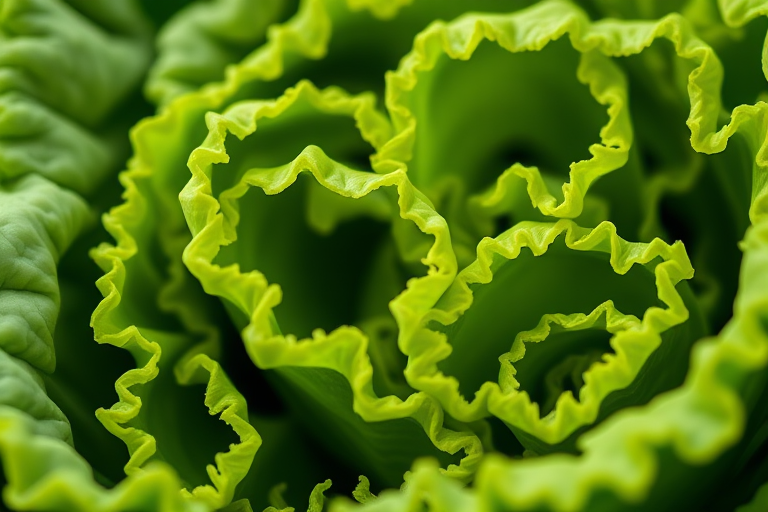 macro shot of detailed green vegetable leaves with intricate curls and textures, shallow depth of field, aperture f/2.8, ISO 100, 50mm lens, natural light, DSLR camera