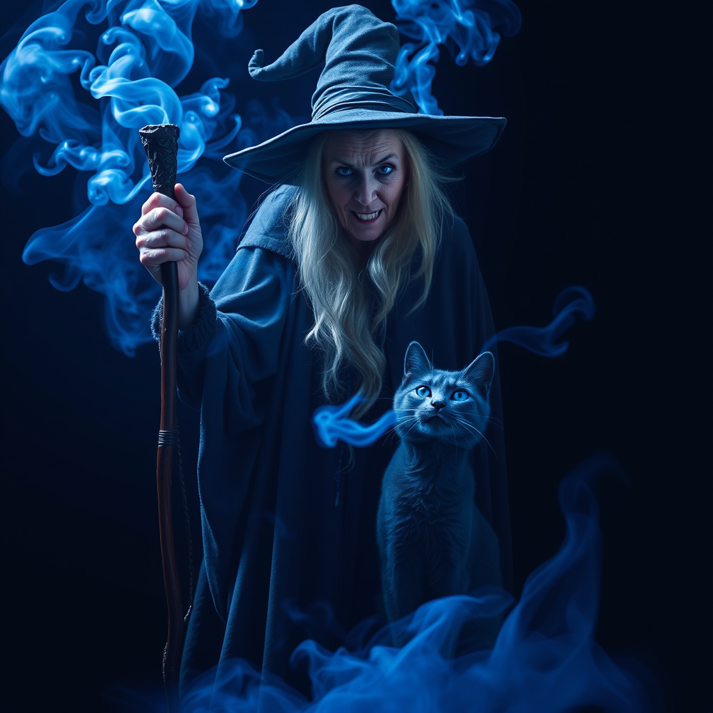 Close-up of a mysterious old crone female witch and her cat made of blue smoke are standing in the dark cackling evilly at the viewer. The smoke is a deep blue, and the background is black. The crone is wearing a long, flowing robe and has a pointed hat on her head. She is holding a staff in one hand and has a mischievous look on her face. The cat is sitting at her feet, looking up at her with glowing blue eyes. The smoke around them is swirling and shifting, as if it has a life of its own. The overall effect is eerie and magical.