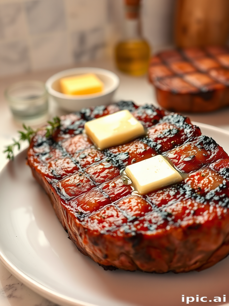 Create an image of a perfectly seared ribeye steak, resting on a white plate with a pat of melting butter on top. The steak is seasoned with fresh herbs like thyme and parsley, with glistening juices highlighting the texture of the meat. The background features a soft focus on a light, marble countertop, with a small dish of butter and an olive oil bottle in the distance. The overall mood should be warm and inviting, capturing the deliciousness and juiciness of the steak.
