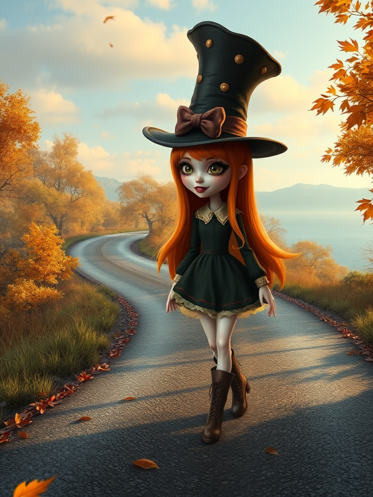 digital art fantasy depicting a strange girl with orange hair, long eyelashes, brown lipstick and a tall hat walking along a winding road on an autumn afternoon, an Oyster smiles as she passes