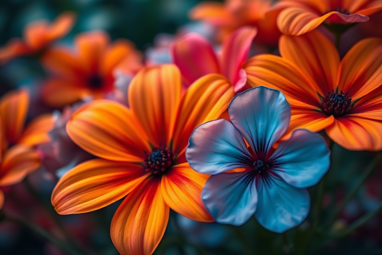 macro shot of vibrant flowers with a mix of orange and blue hues, f/2.8 aperture, ISO 100, 1/200 sec exposure, taken with a DSLR camera from a low angle for a dramatic perspective, high contrast and enhanced saturation effects