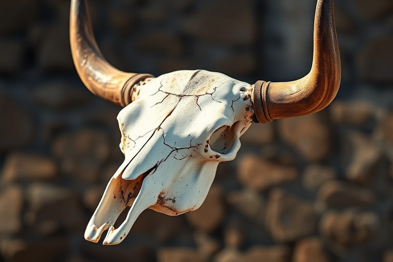 Create a detailed illustration of a longhorn skull with impressive horns, captured with a DSLR camera at f/2.8 aperture, 50mm lens, ISO 100, in a shallow depth of field, using natural light to enhance texture and details.