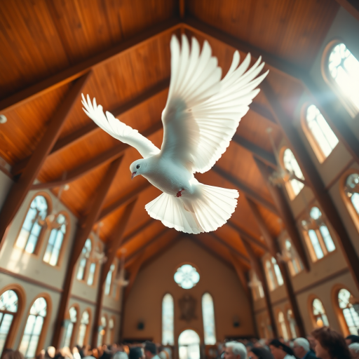 A majestic white dove soaring above a congregation in a beautifully lit church with high wooden ceilings, warm sunlight streaming through large windows, captured with a Canon EOS R5, f/1.8 aperture, ISO 100, 24mm lens, in natural light with a wide-angle perspective to enhance image clarity and depth.