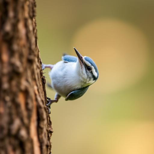 Capture a close-up shot of a nuthatch bird perched on a tree trunk at a shallow depth of field, using a Nikon D850 with a 85mm f/1.4 lens, ISO 200, f/2.8, shutter speed 1/200 sec, natural lighting, soft bokeh background.
