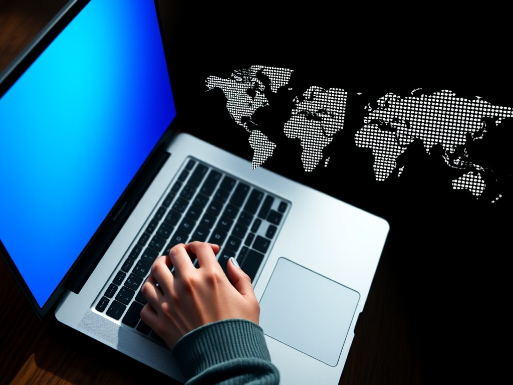 A high-resolution image of a person typing on a laptop with a blue gradient screen on the left side, accompanied by a world map in a dotted style on the right, shot with a Canon EOS R5 at f/2.8, 1/250s, ISO 100 from a top-down camera view for enhanced clarity and focus.