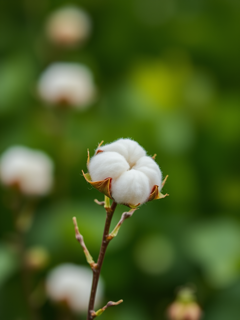 Close-up shot of cotton plant against a blurred green background, using a macro lens, aperture f/2.8, shutter speed 1/200s, ISO 100, natural light, DSLR camera.