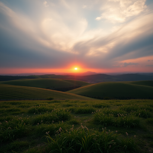 A serene landscape with rolling hills and a sunset in the background, shot with a Canon EOS R5, 50mm lens, f/1.8 aperture, ISO 200, 1/125 sec shutter speed, wide-angle view for enhanced depth and richness in color.