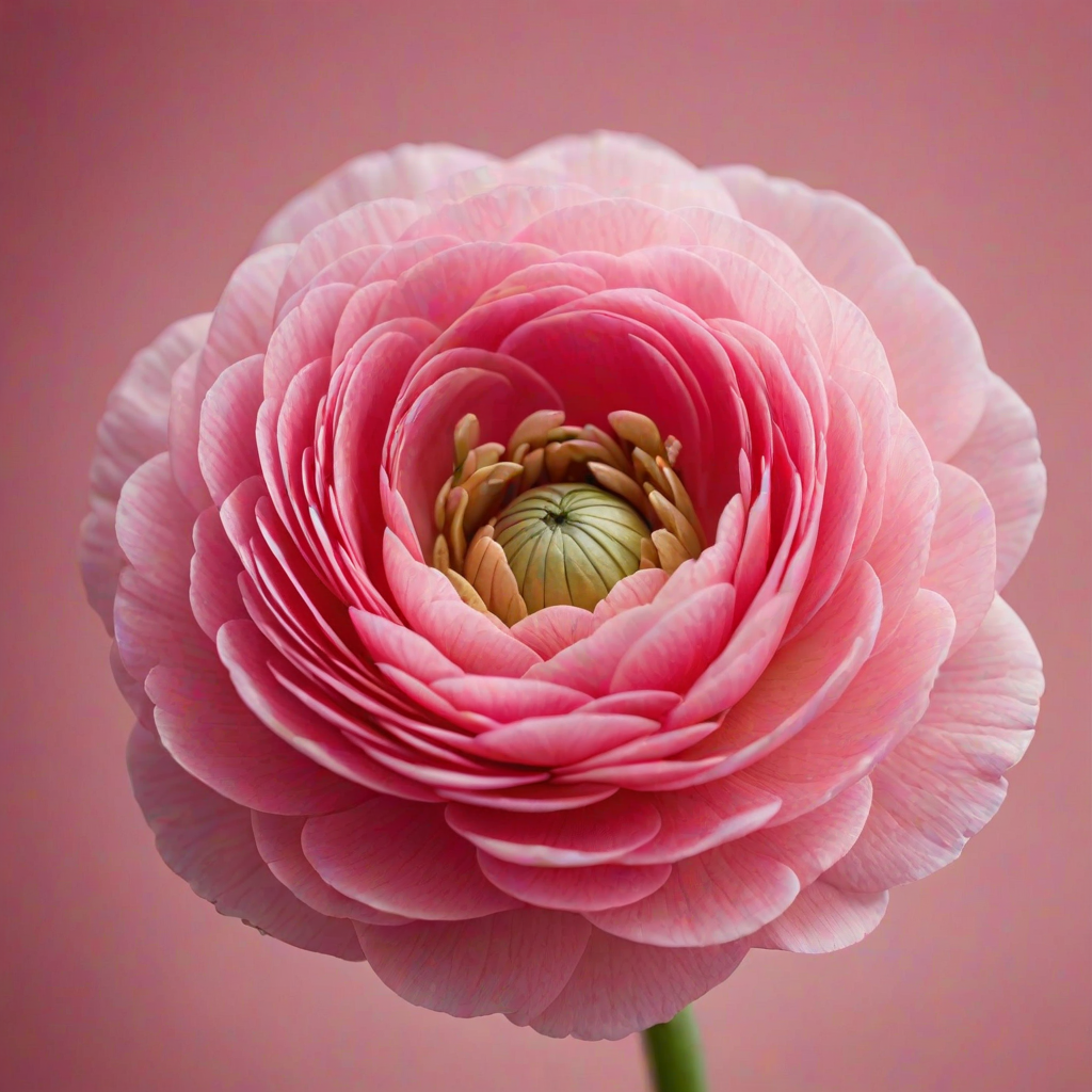 create a close-up image of a vibrant pink ranunculus flower with intricate petal details and a soft background.