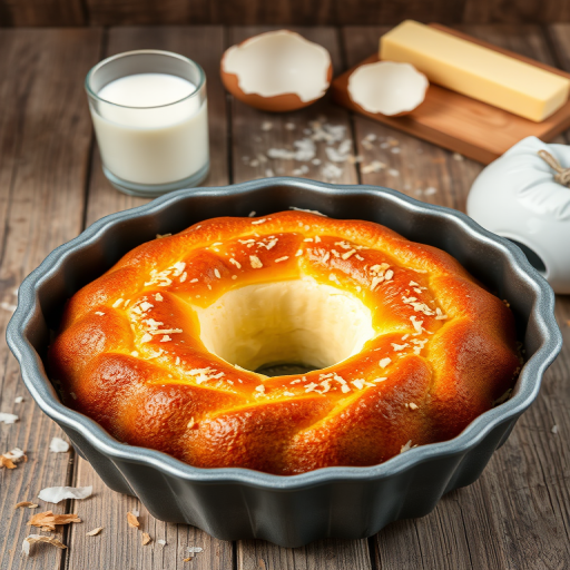 A delicious cake in a bundt pan with a golden brown top and a creamy white layer, surrounded by toasted coconut flakes, placed on a rustic wooden table with a glass of milk, a stick of butter, and broken egg shells in the background.