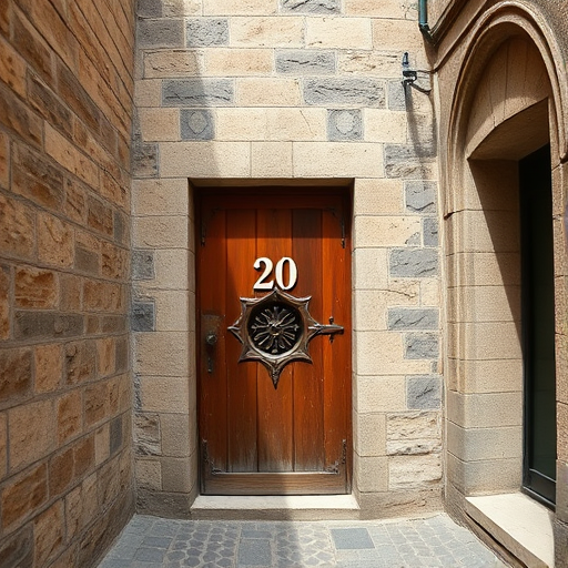 Create an enhanced image of an old stone wall with a rustic wooden door featuring the number 20 above it, captured in a narrow alley with cobblestone pavement, using a DSLR camera with a 24mm lens, aperture set at f/8 for depth of field, ISO 100 for clarity, and natural daylight for balanced lighting.
