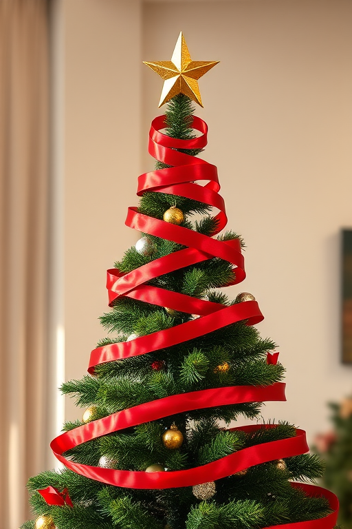 Create a stylized Christmas tree with red spiraling ribbons and a golden star on top, shot with a DSLR camera at f/2.8 aperture, ISO 100, 50mm lens, 1/200 shutter speed, in a bright indoor setting to enhance colors and details.