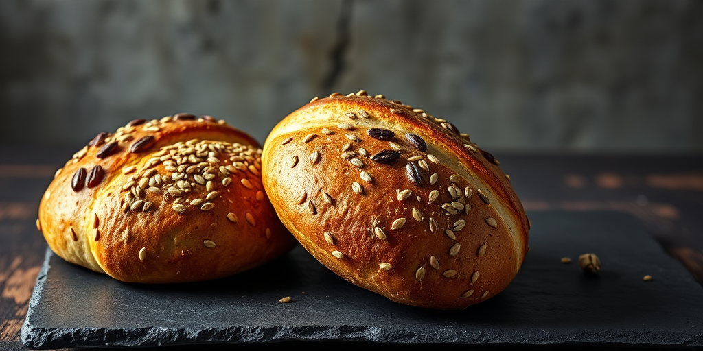 A rustic still life of two freshly baked whole grain bread rolls topped with seeds, placed on a dark slate surface with a softly blurred concrete background, taken with a Canon EOS R5, 50mm f/1.2 lens, aperture set to f/2.8, ISO 100, at a 45-degree angle for dramatic lighting and depth.