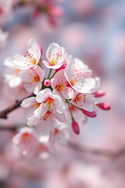 Macro shot of cherry blossoms in full bloom, shallow depth of field, f/2.8 aperture, ISO 100, 1/200 sec shutter speed, natural light, DSLR camera, soft focus background.