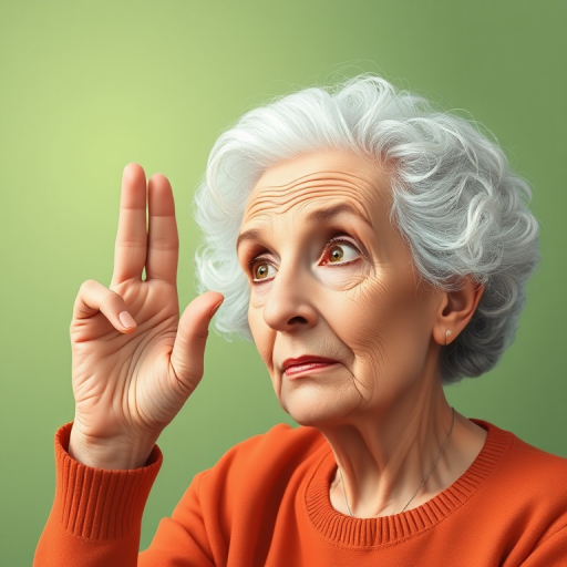 Create a high-resolution illustration of an elderly woman with curly hair and expressive features, raising her hand in a thoughtful pose, set against a soft green background, captured with a Canon EOS R5, 50mm lens, f/1.8 aperture, natural lighting, and a shallow depth of field.