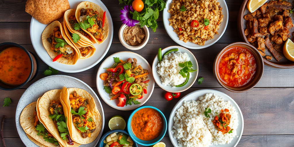 aerial view of a vibrant food spread featuring various tacos, curries, rice, and garnishes set on a rustic wooden table, natural light for softness, f/2.8 aperture for a shallow depth of field, ISO 100 for clarity, shot with a DSLR camera using a wide-angle lens