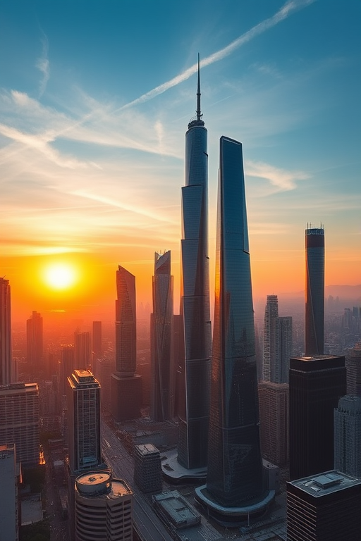 futuristic cityscape with towering skyscrapers at sunrise, wide-angle view, high resolution, ISO 100, aperture f/8, shutter speed 1/250 sec, DSLR camera, HDR photography